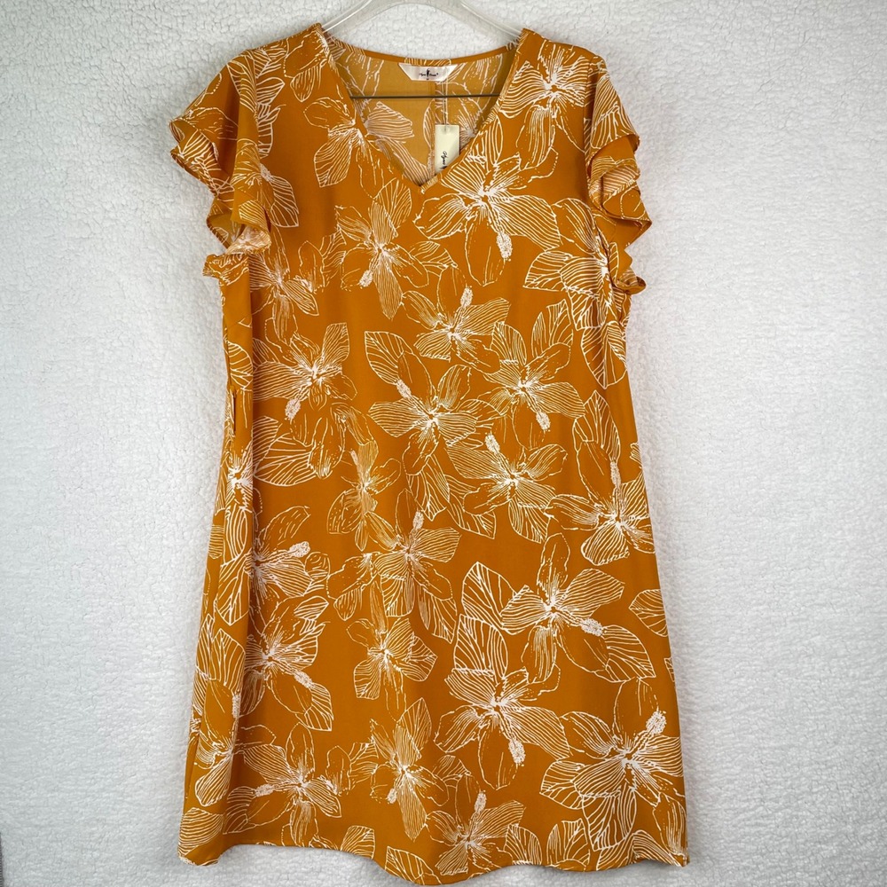 Agnes Orinda Mustard Yellow Floral Ruffle Sleeve Shift Dress Plus Size 1X NEW